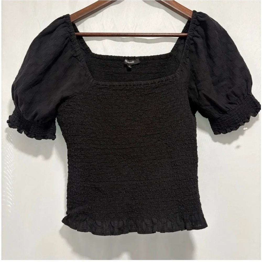 Madewell Lucie Smocked Top Medium Black Puff Sleeve Square Neck Cottagecore